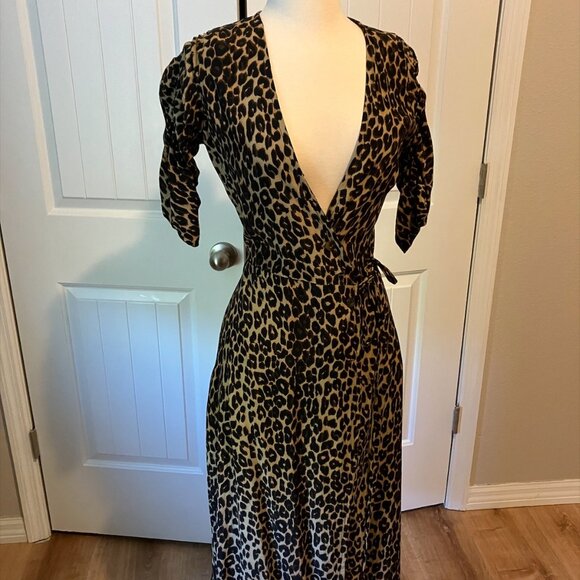 Faithfull The Brand Leopard Print Wrap Midi Dress Size 2 - Picture 4 of 5